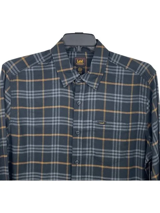 Lee Mens Long Sleeve Plaid Button-Up Shirt Gray & Brown Size Large - Picture 3 of 10